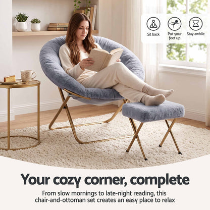 Artiss Comfy Saucer Chair Soft Faux Fur Foldable Accent Chair with Ottoman Grey-Furniture > Bar Stools &amp; Chairs > Arm Chairs &amp; Recliners-PEROZ Accessories