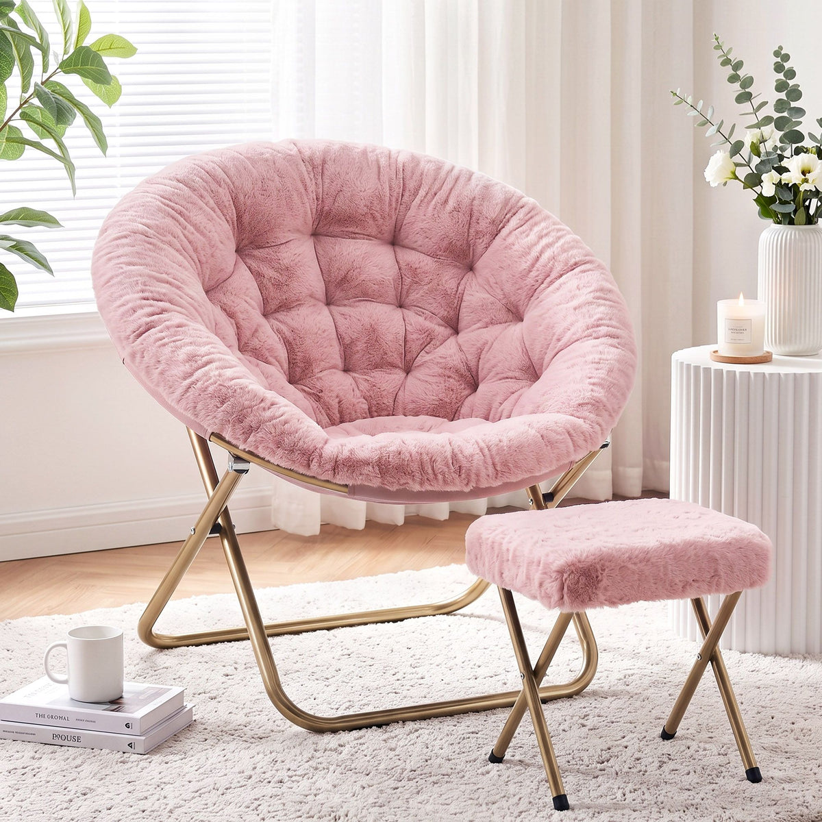 Artiss Comfy Saucer Chair Soft Faux Fur Foldable Accent Chair with Ottoman Pink-Furniture > Bar Stools &amp; Chairs > Arm Chairs &amp; Recliners-PEROZ Accessories