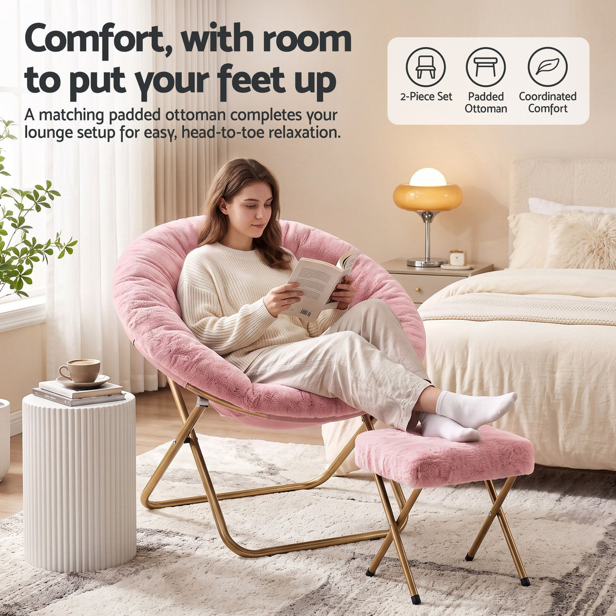 Artiss Comfy Saucer Chair Soft Faux Fur Foldable Accent Chair with Ottoman Pink-Furniture > Bar Stools &amp; Chairs > Arm Chairs &amp; Recliners-PEROZ Accessories