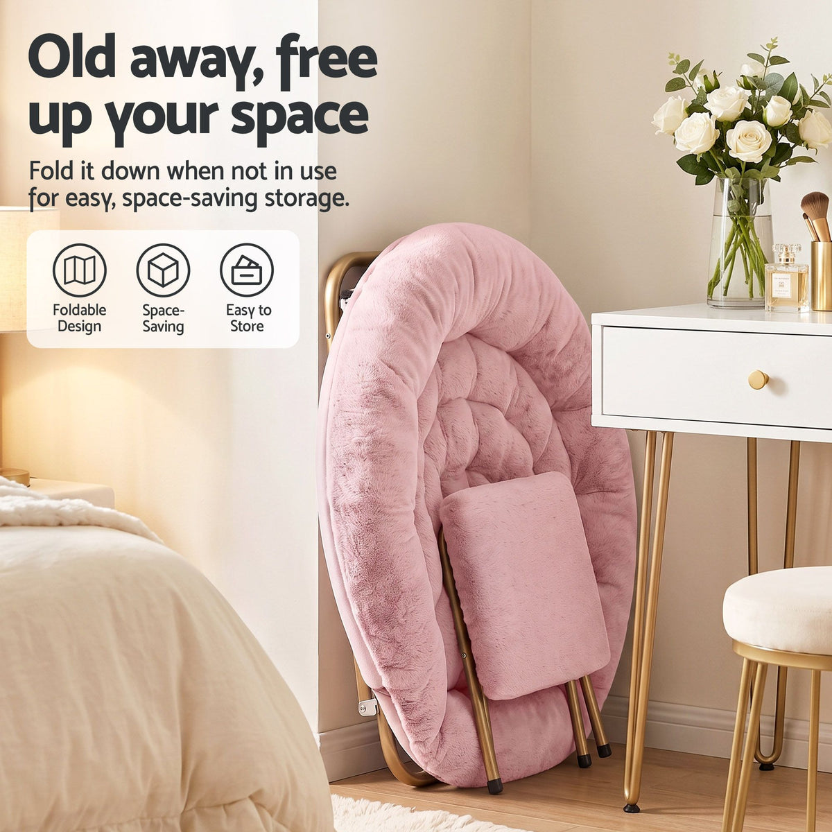 Artiss Comfy Saucer Chair Soft Faux Fur Foldable Accent Chair with Ottoman Pink-Furniture > Bar Stools &amp; Chairs > Arm Chairs &amp; Recliners-PEROZ Accessories