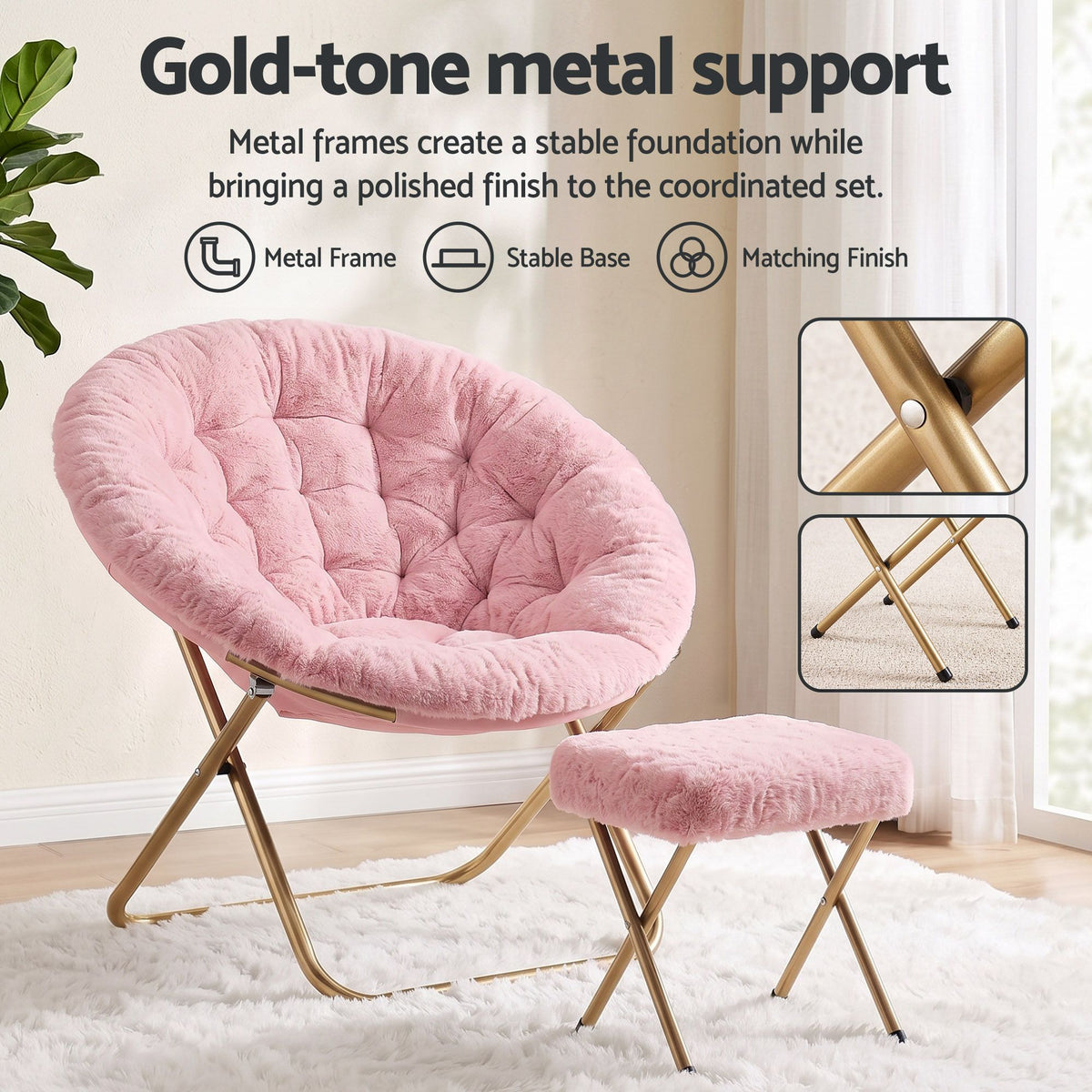 Artiss Comfy Saucer Chair Soft Faux Fur Foldable Accent Chair with Ottoman Pink-Furniture > Bar Stools &amp; Chairs > Arm Chairs &amp; Recliners-PEROZ Accessories