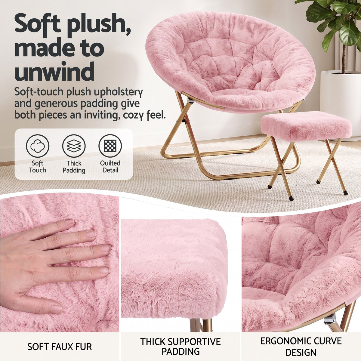 Artiss Comfy Saucer Chair Soft Faux Fur Foldable Accent Chair with Ottoman Pink-Furniture > Bar Stools &amp; Chairs > Arm Chairs &amp; Recliners-PEROZ Accessories
