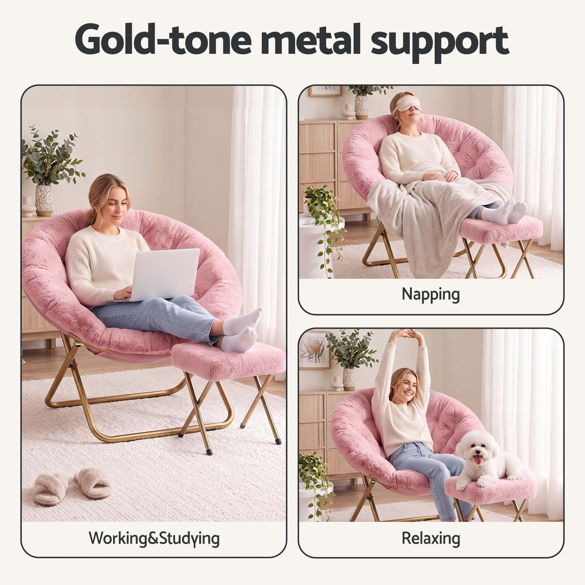 Artiss Comfy Saucer Chair Soft Faux Fur Foldable Accent Chair with Ottoman Pink-Furniture > Bar Stools &amp; Chairs > Arm Chairs &amp; Recliners-PEROZ Accessories