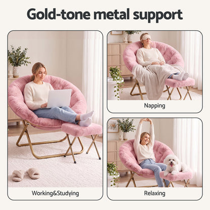 Artiss Comfy Saucer Chair Soft Faux Fur Foldable Accent Chair with Ottoman Pink-Furniture > Bar Stools &amp; Chairs > Arm Chairs &amp; Recliners-PEROZ Accessories