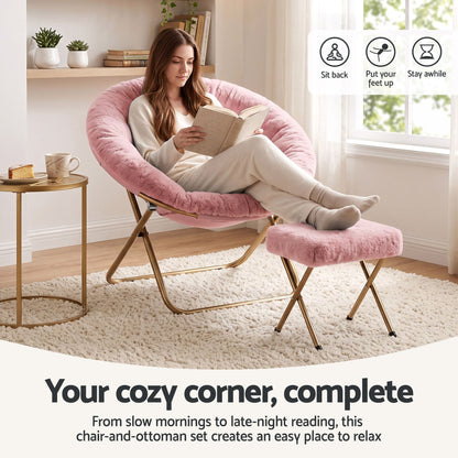 Artiss Comfy Saucer Chair Soft Faux Fur Foldable Accent Chair with Ottoman Pink-Furniture > Bar Stools &amp; Chairs > Arm Chairs &amp; Recliners-PEROZ Accessories
