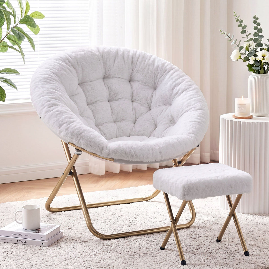 Artiss Comfy Saucer Chair Soft Faux Fur Foldable Accent Chair with Ottoman White-Furniture > Bar Stools &amp; Chairs > Arm Chairs &amp; Recliners-PEROZ Accessories