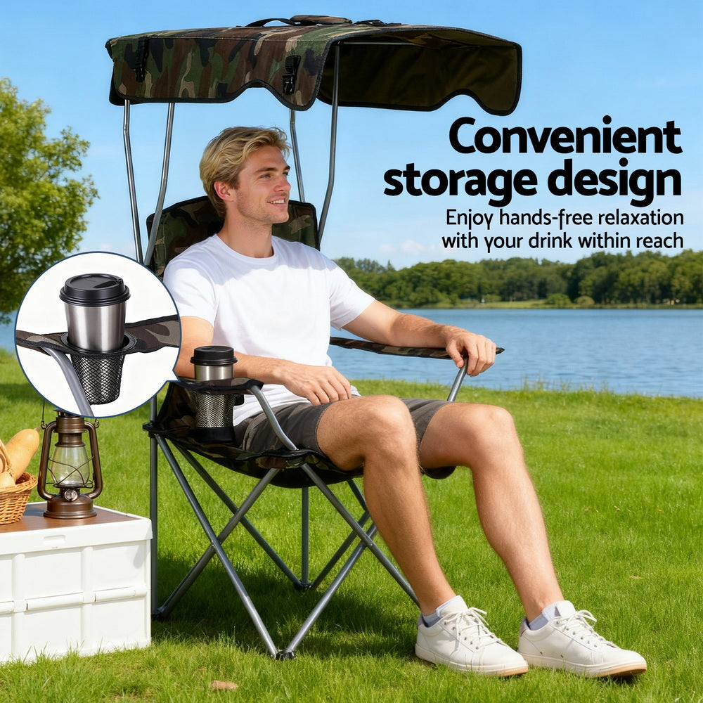 Weisshorn Camping Chair With Canopy Folding Outdoor Portable Seat Lightweight Beach Picnic Fishing Capacity 120KG Army Green-Furniture &gt; Outdoor &gt; Outdoor Chairs-PEROZ Accessories