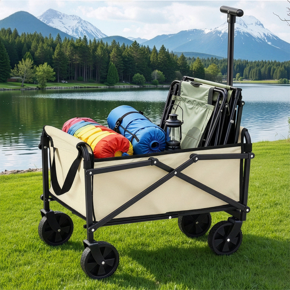 Gardeon Garden Cart Folding Trolley Camping Wagon Barrow Outdoor Beach Beige-Home &amp; Garden > Garden Tools > Spreaders &amp; Wheelbarrows-PEROZ Accessories