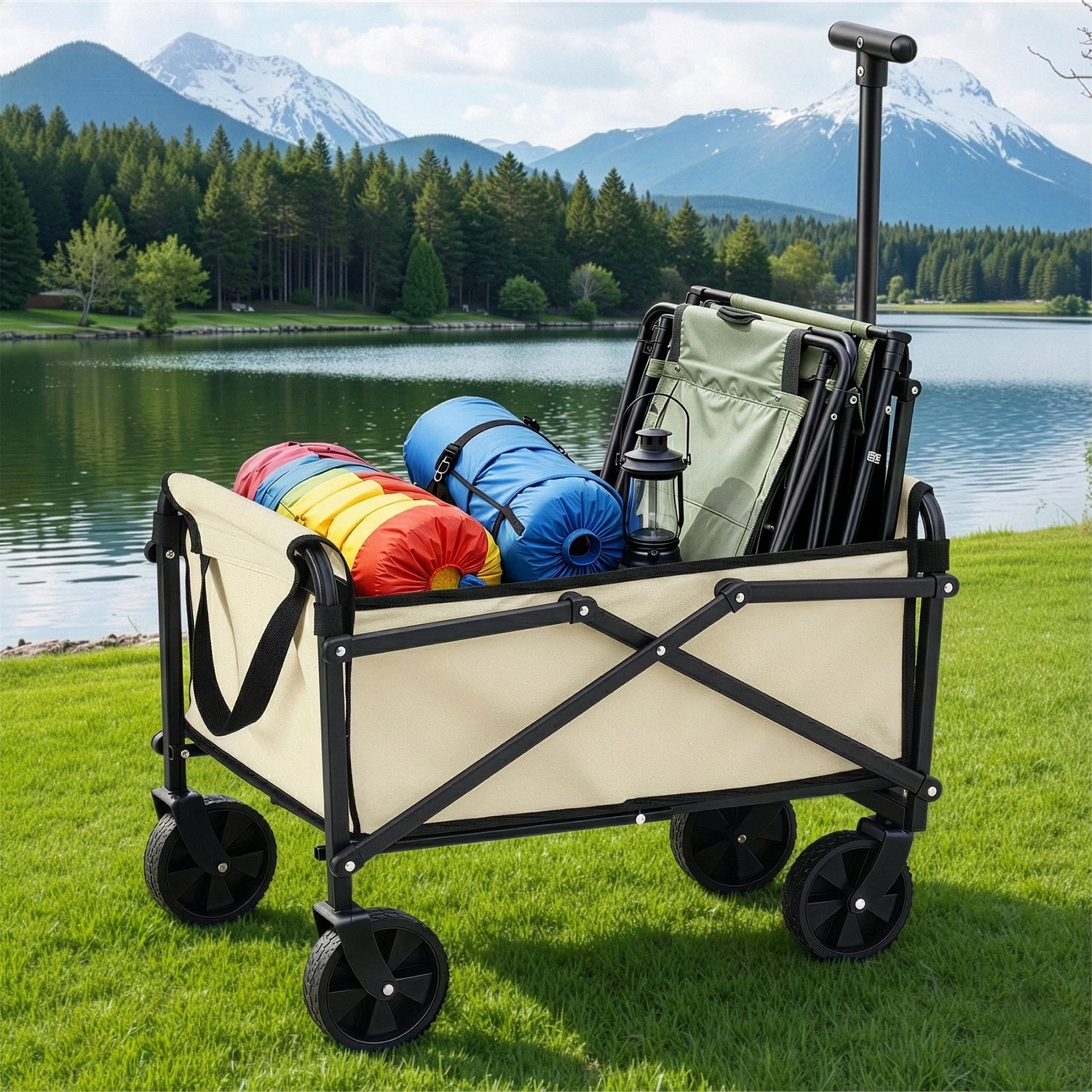 Gardeon Garden Cart Folding Trolley Camping Wagon Barrow Outdoor Beach Beige-Home &amp; Garden > Garden Tools > Spreaders &amp; Wheelbarrows-PEROZ Accessories