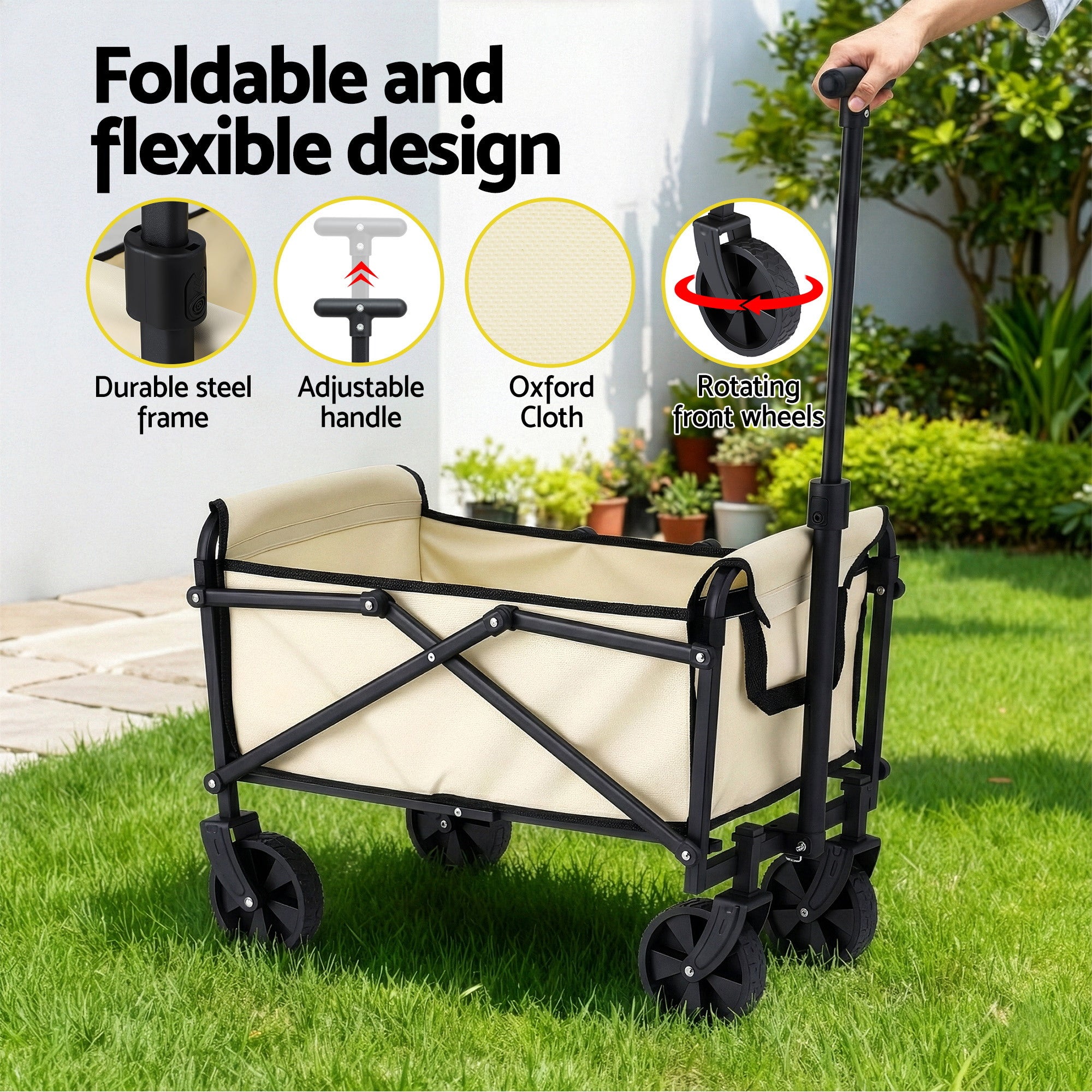Gardeon Garden Cart Folding Trolley Camping Wagon Barrow Outdoor Beach Beige-Home &amp; Garden > Garden Tools > Spreaders &amp; Wheelbarrows-PEROZ Accessories