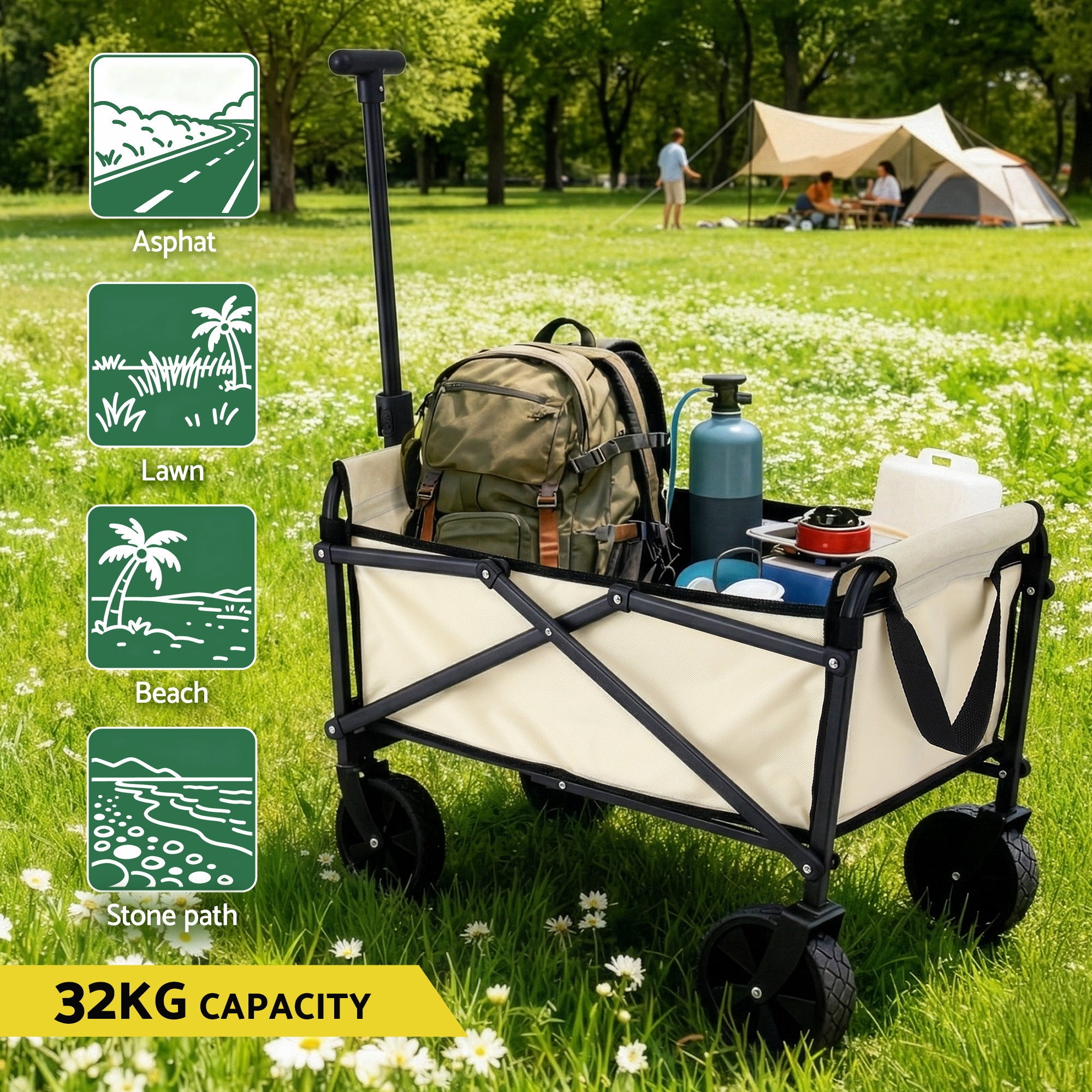 Gardeon Garden Cart Folding Trolley Camping Wagon Barrow Outdoor Beach Beige-Home &amp; Garden > Garden Tools > Spreaders &amp; Wheelbarrows-PEROZ Accessories