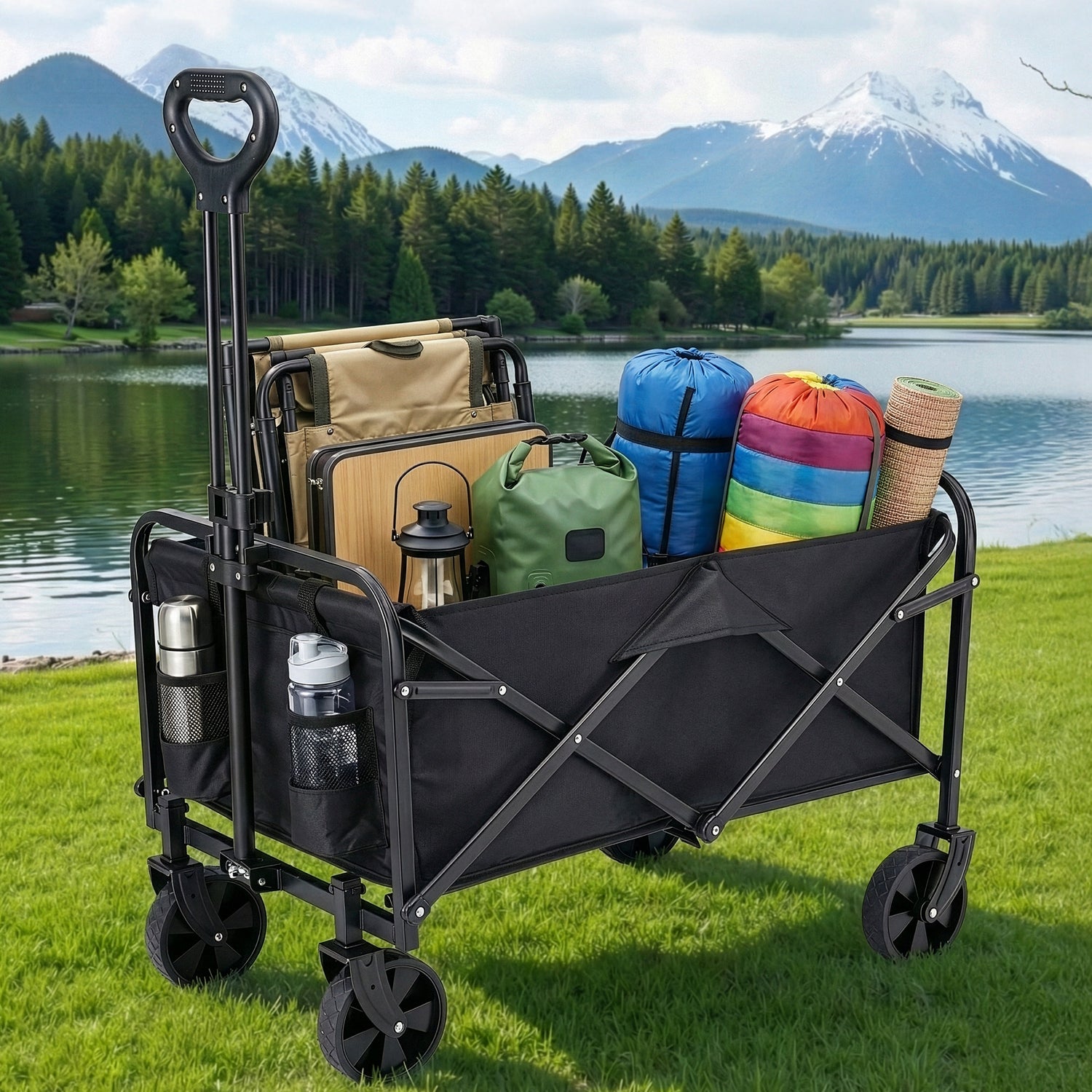 Gardeon Garden Cart Folding Trolley Camping Wagon Barrow Outdoor Beach Black-Home &amp; Garden > Garden Tools > Spreaders &amp; Wheelbarrows-PEROZ Accessories