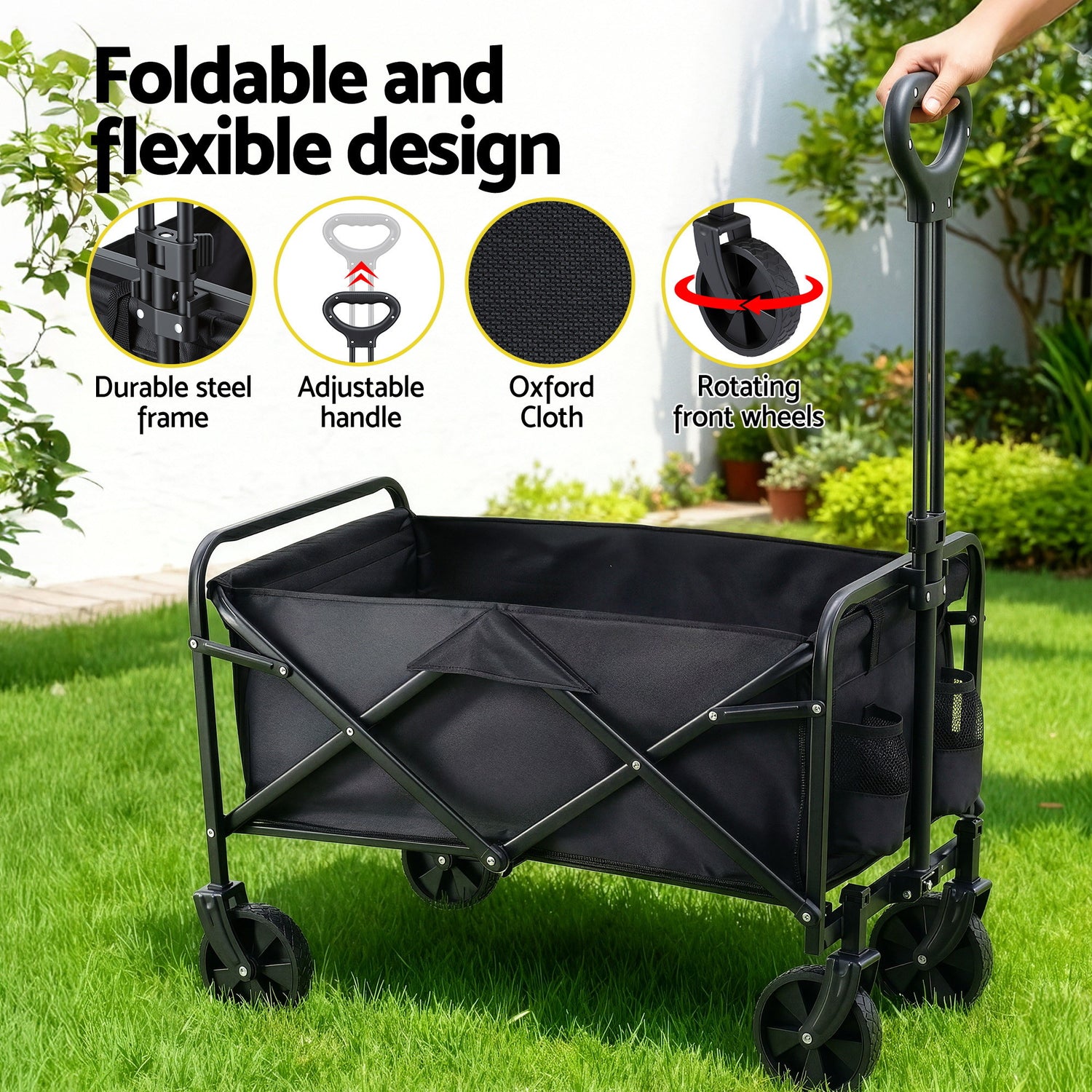 Gardeon Garden Cart Folding Trolley Camping Wagon Barrow Outdoor Beach Black-Home &amp; Garden > Garden Tools > Spreaders &amp; Wheelbarrows-PEROZ Accessories