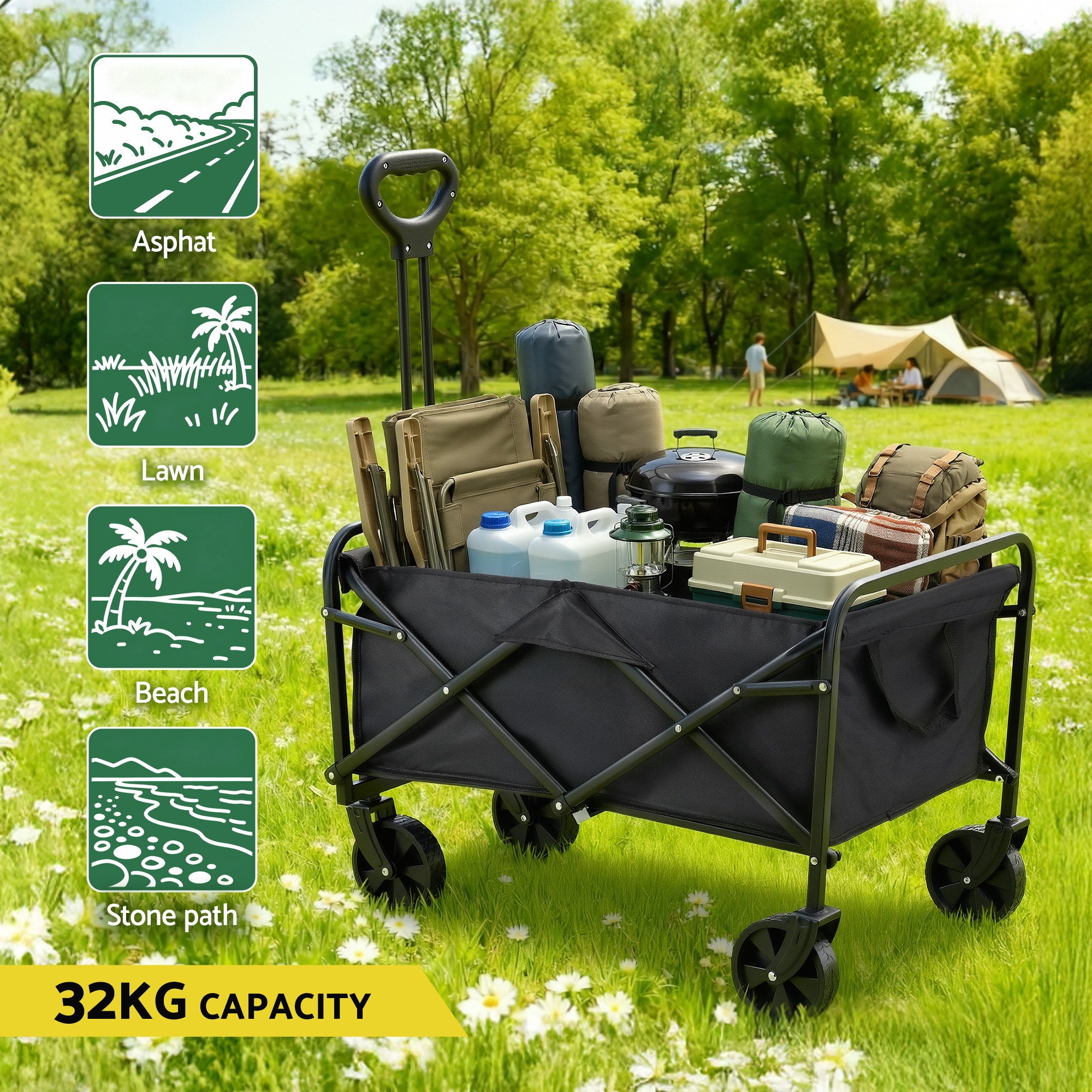 Gardeon Garden Cart Folding Trolley Camping Wagon Barrow Outdoor Beach Black-Home &amp; Garden > Garden Tools > Spreaders &amp; Wheelbarrows-PEROZ Accessories