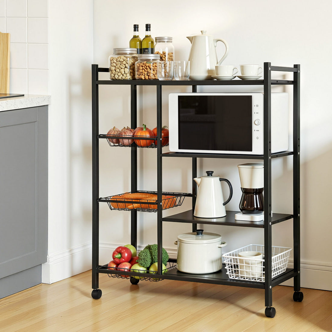 Artiss 4-Tier Kitchen Rack Microwave Bakers Storage Shelf with 3 Baskets Wheels-Appliances > Kitchen Appliances > Kitchen Appliance Accessories-PEROZ Accessories