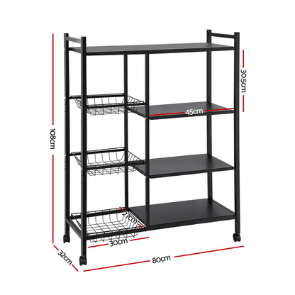 Artiss 4-Tier Kitchen Rack Microwave Bakers Storage Shelf with 3 Baskets Wheels-Appliances > Kitchen Appliances > Kitchen Appliance Accessories-PEROZ Accessories