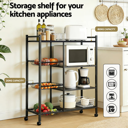 Artiss 4-Tier Kitchen Rack Microwave Bakers Storage Shelf with 3 Baskets Wheels-Appliances > Kitchen Appliances > Kitchen Appliance Accessories-PEROZ Accessories