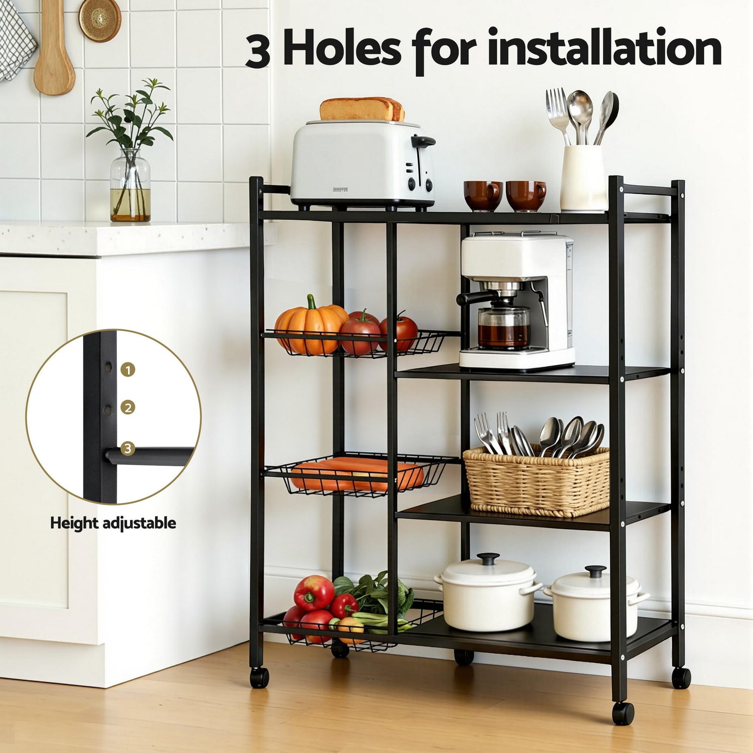 Artiss 4-Tier Kitchen Rack Microwave Bakers Storage Shelf with 3 Baskets Wheels-Appliances > Kitchen Appliances > Kitchen Appliance Accessories-PEROZ Accessories