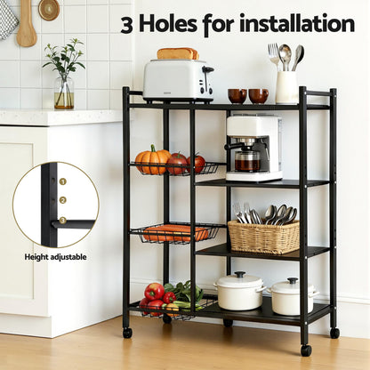 Artiss 4-Tier Kitchen Rack Microwave Bakers Storage Shelf with 3 Baskets Wheels-Appliances > Kitchen Appliances > Kitchen Appliance Accessories-PEROZ Accessories