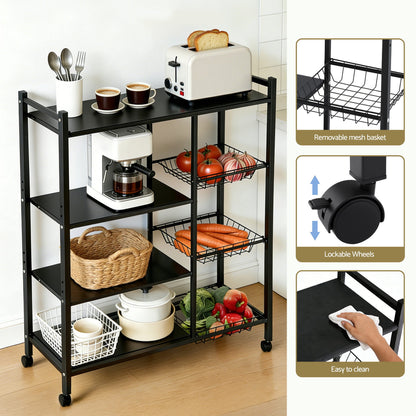 Artiss 4-Tier Kitchen Rack Microwave Bakers Storage Shelf with 3 Baskets Wheels-Appliances > Kitchen Appliances > Kitchen Appliance Accessories-PEROZ Accessories