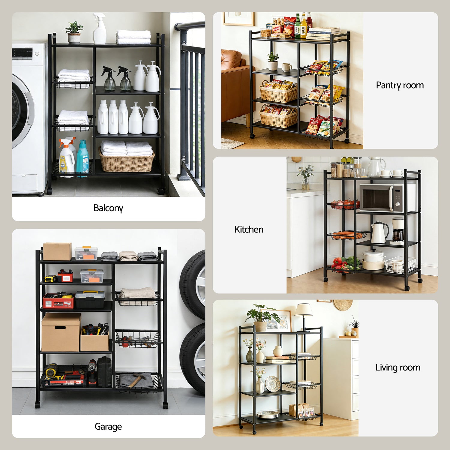 Artiss 4-Tier Kitchen Rack Microwave Bakers Storage Shelf with 3 Baskets Wheels-Appliances > Kitchen Appliances > Kitchen Appliance Accessories-PEROZ Accessories