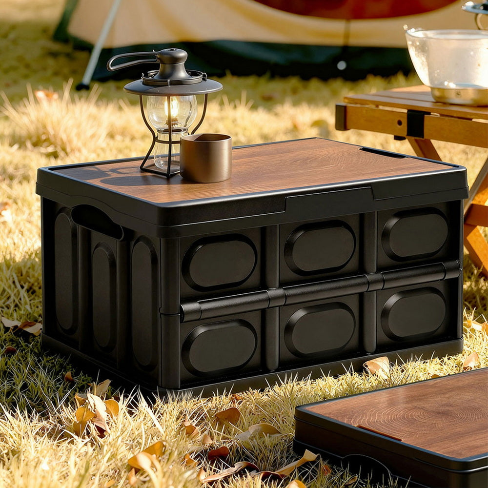 Gardeon Collapsible Outdoor Storage Box 50L Stackable Folding Camping Organizer Plywood Lid Black-Home &amp; Garden &gt; Storage &gt; Storage Boxes-PEROZ Accessories