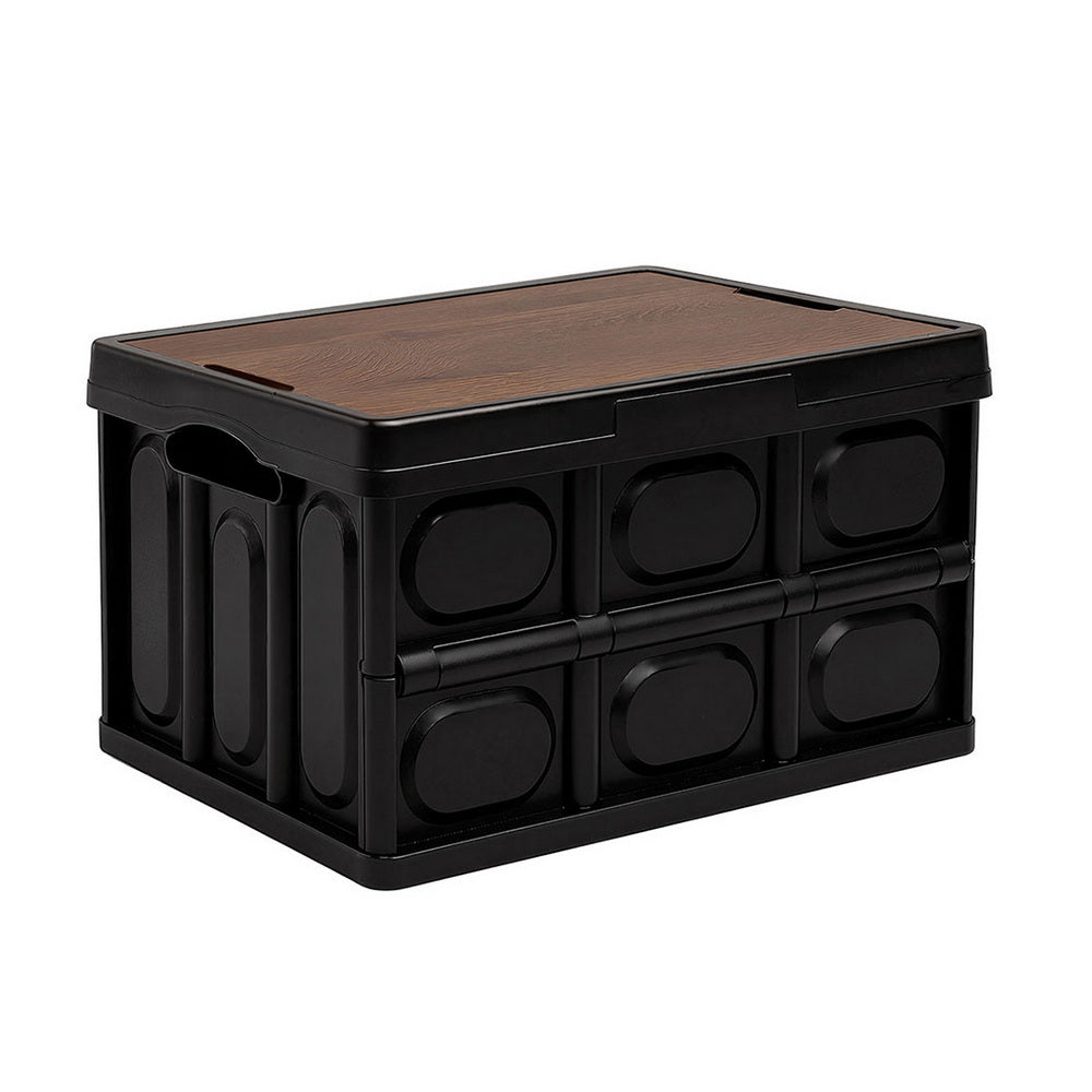 Gardeon Collapsible Outdoor Storage Box 50L Stackable Folding Camping Organizer Plywood Lid Black-Home &amp; Garden &gt; Storage &gt; Storage Boxes-PEROZ Accessories