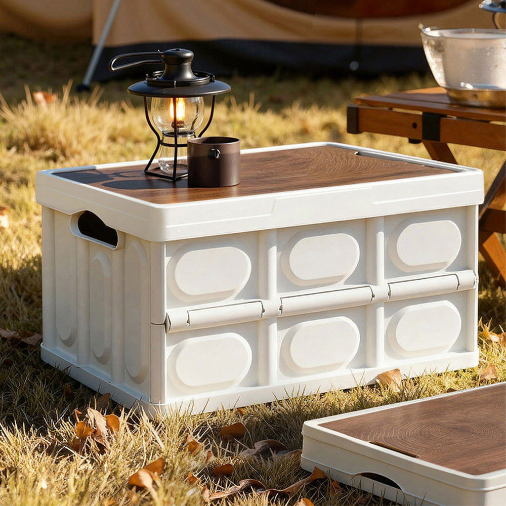 Gardeon Collapsible Outdoor Storage Box 50L Stackable Folding Camping Organizer Plywood Lid Beige-Home &amp; Garden &gt; Storage &gt; Storage Boxes-PEROZ Accessories