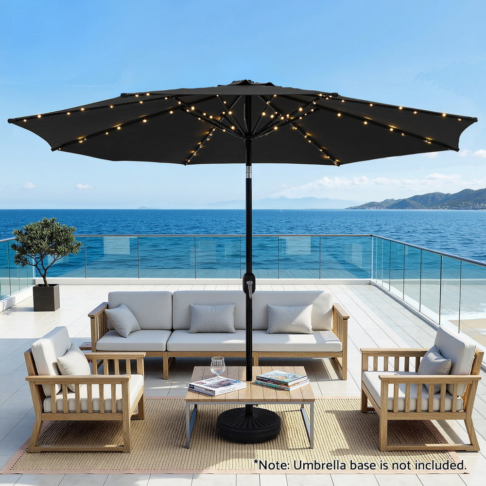 Instahut Outdoor Umbrella 2.9m Market Umbrella with String Light Tilt Black-Home &amp; Garden &gt; Shading &gt; Umbrellas &amp; Sunshades-PEROZ Accessories