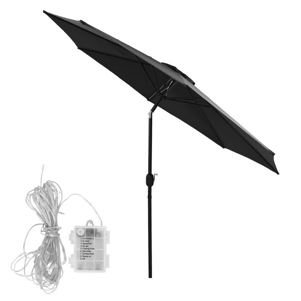 Instahut Outdoor Umbrella 2.9m Market Umbrella with String Light Tilt Black-Home &amp; Garden &gt; Shading &gt; Umbrellas &amp; Sunshades-PEROZ Accessories