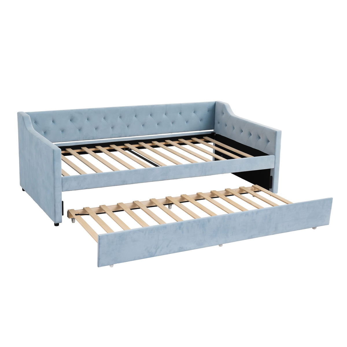 Artiss King Single Buttonless Tufted Daybed with Pull-Out Trundle, Light Blue-Furniture > Bedroom > Beds &amp; Bed Frames-PEROZ Accessories