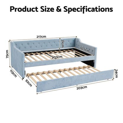 Artiss King Single Buttonless Tufted Daybed with Pull-Out Trundle, Light Blue-Furniture > Bedroom > Beds &amp; Bed Frames-PEROZ Accessories