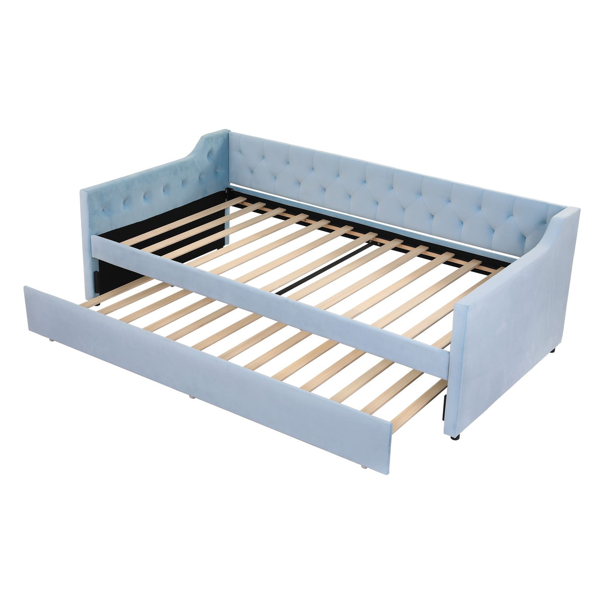 Artiss King Single Buttonless Tufted Daybed with Pull-Out Trundle, Light Blue-Furniture > Bedroom > Beds &amp; Bed Frames-PEROZ Accessories