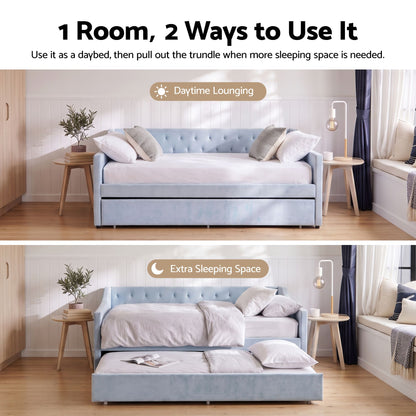 Artiss King Single Buttonless Tufted Daybed with Pull-Out Trundle, Light Blue-Furniture > Bedroom > Beds &amp; Bed Frames-PEROZ Accessories