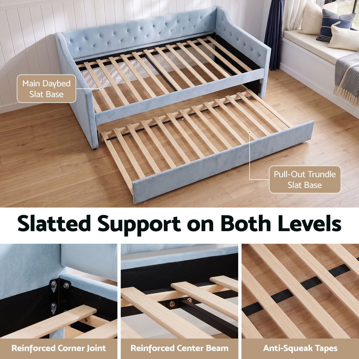 Artiss King Single Buttonless Tufted Daybed with Pull-Out Trundle, Light Blue-Furniture > Bedroom > Beds &amp; Bed Frames-PEROZ Accessories