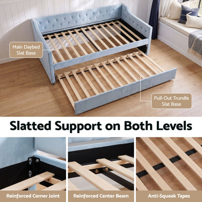 Artiss King Single Buttonless Tufted Daybed with Pull-Out Trundle, Light Blue-Furniture > Bedroom > Beds &amp; Bed Frames-PEROZ Accessories
