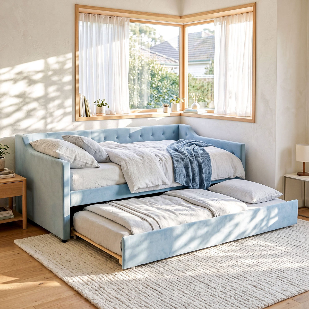Artiss King Single Buttonless Tufted Daybed with Pull-Out Trundle, Light Blue-Furniture > Bedroom > Beds &amp; Bed Frames-PEROZ Accessories