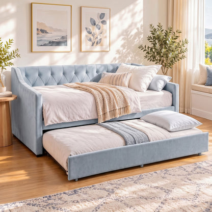 Artiss Single Buttonless Tufted Daybed Frame &amp; Trundle, Blue-Furniture > Bedroom > Beds &amp; Bed Frames-PEROZ Accessories