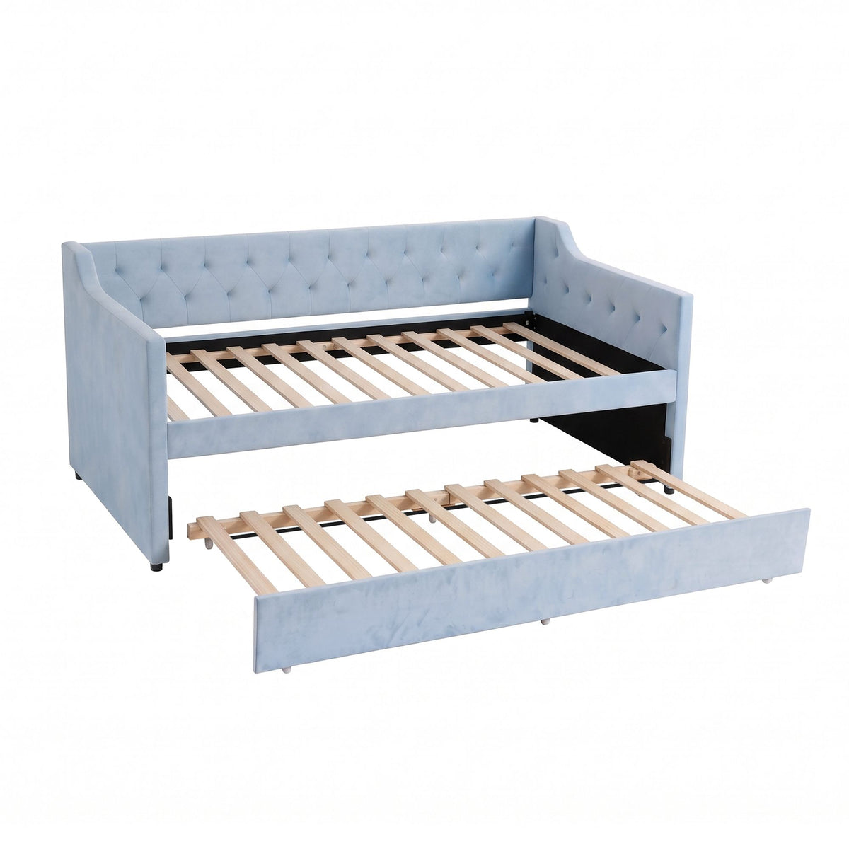 Artiss Single Buttonless Tufted Daybed Frame &amp; Trundle, Blue-Furniture > Bedroom > Beds &amp; Bed Frames-PEROZ Accessories