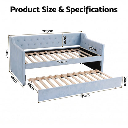 Artiss Single Buttonless Tufted Daybed Frame &amp; Trundle, Blue-Furniture > Bedroom > Beds &amp; Bed Frames-PEROZ Accessories