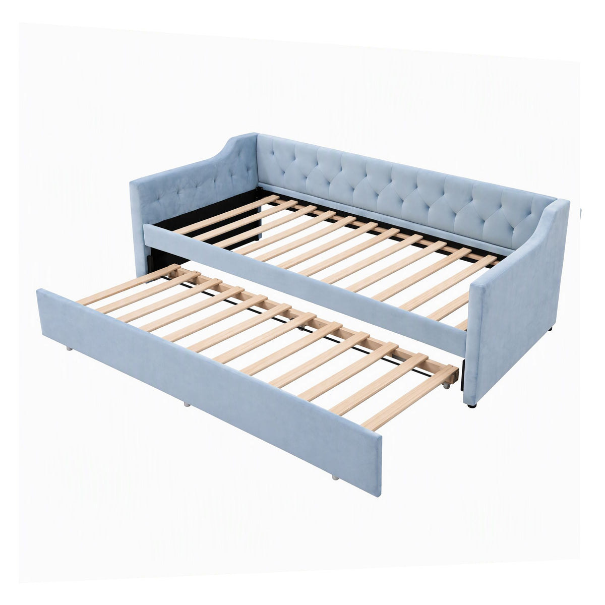 Artiss Single Buttonless Tufted Daybed Frame &amp; Trundle, Blue-Furniture > Bedroom > Beds &amp; Bed Frames-PEROZ Accessories