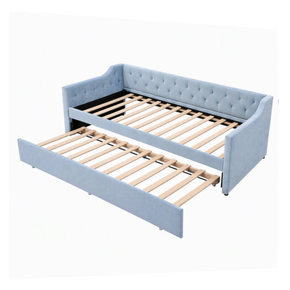 Artiss Single Buttonless Tufted Daybed Frame &amp; Trundle, Blue-Furniture > Bedroom > Beds &amp; Bed Frames-PEROZ Accessories
