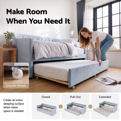 Artiss Single Buttonless Tufted Daybed Frame &amp; Trundle, Blue-Furniture > Bedroom > Beds &amp; Bed Frames-PEROZ Accessories