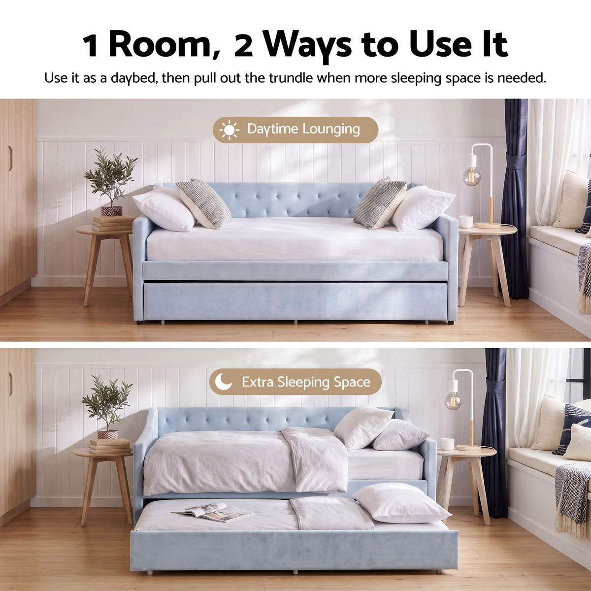 Artiss Single Buttonless Tufted Daybed Frame &amp; Trundle, Blue-Furniture > Bedroom > Beds &amp; Bed Frames-PEROZ Accessories