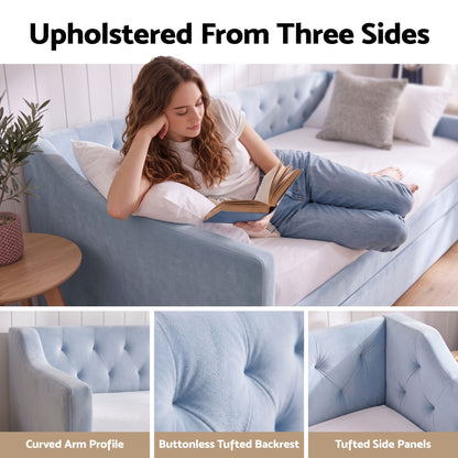Artiss Single Buttonless Tufted Daybed Frame &amp; Trundle, Blue-Furniture > Bedroom > Beds &amp; Bed Frames-PEROZ Accessories