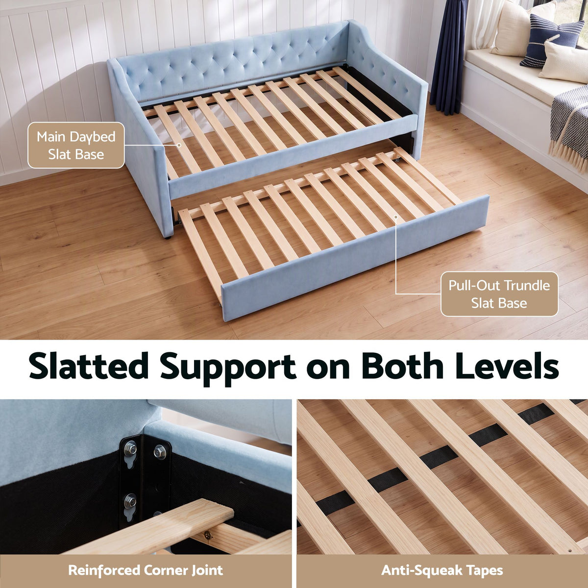 Artiss Single Buttonless Tufted Daybed Frame &amp; Trundle, Blue-Furniture > Bedroom > Beds &amp; Bed Frames-PEROZ Accessories