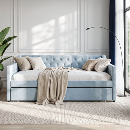 Artiss Single Buttonless Tufted Daybed Frame &amp; Trundle, Blue-Furniture > Bedroom > Beds &amp; Bed Frames-PEROZ Accessories