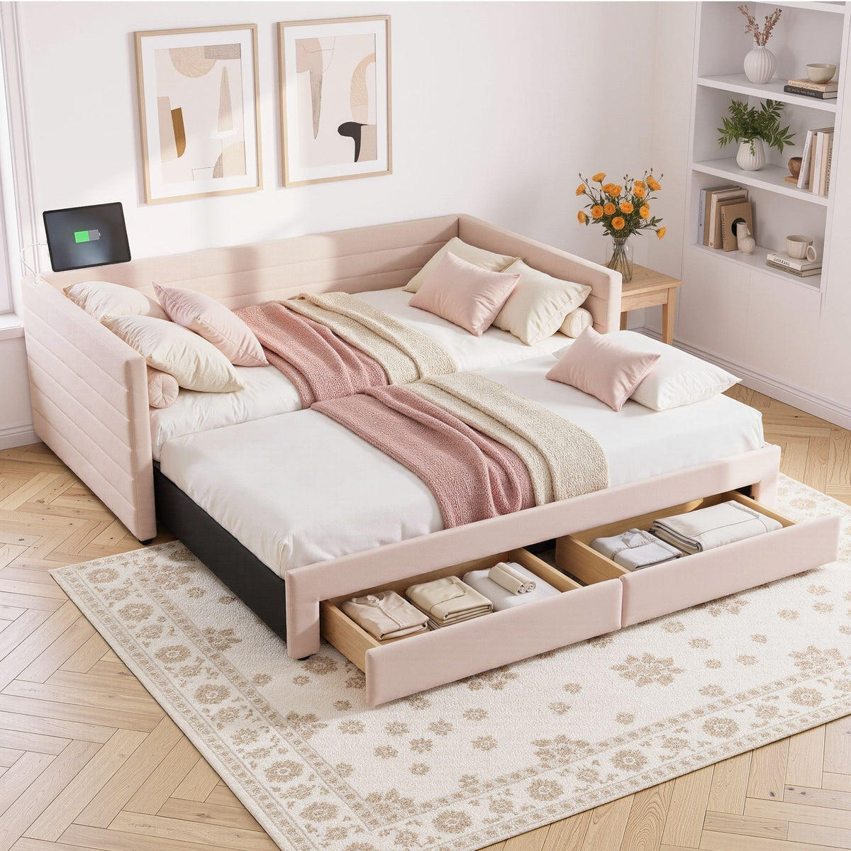 Artiss King Single Extendable Daybed with 2 Storage Drawers and USB, Pink