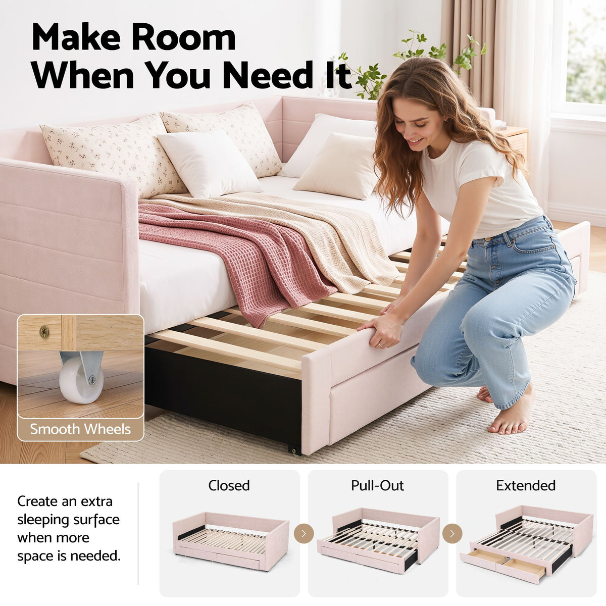 Artiss King Single Extendable Daybed with 2 Storage Drawers and USB, Pink