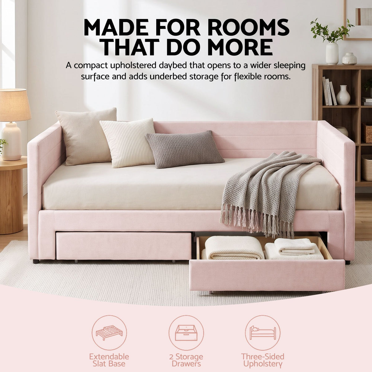Artiss King Single Extendable Daybed with 2 Storage Drawers and USB, Pink